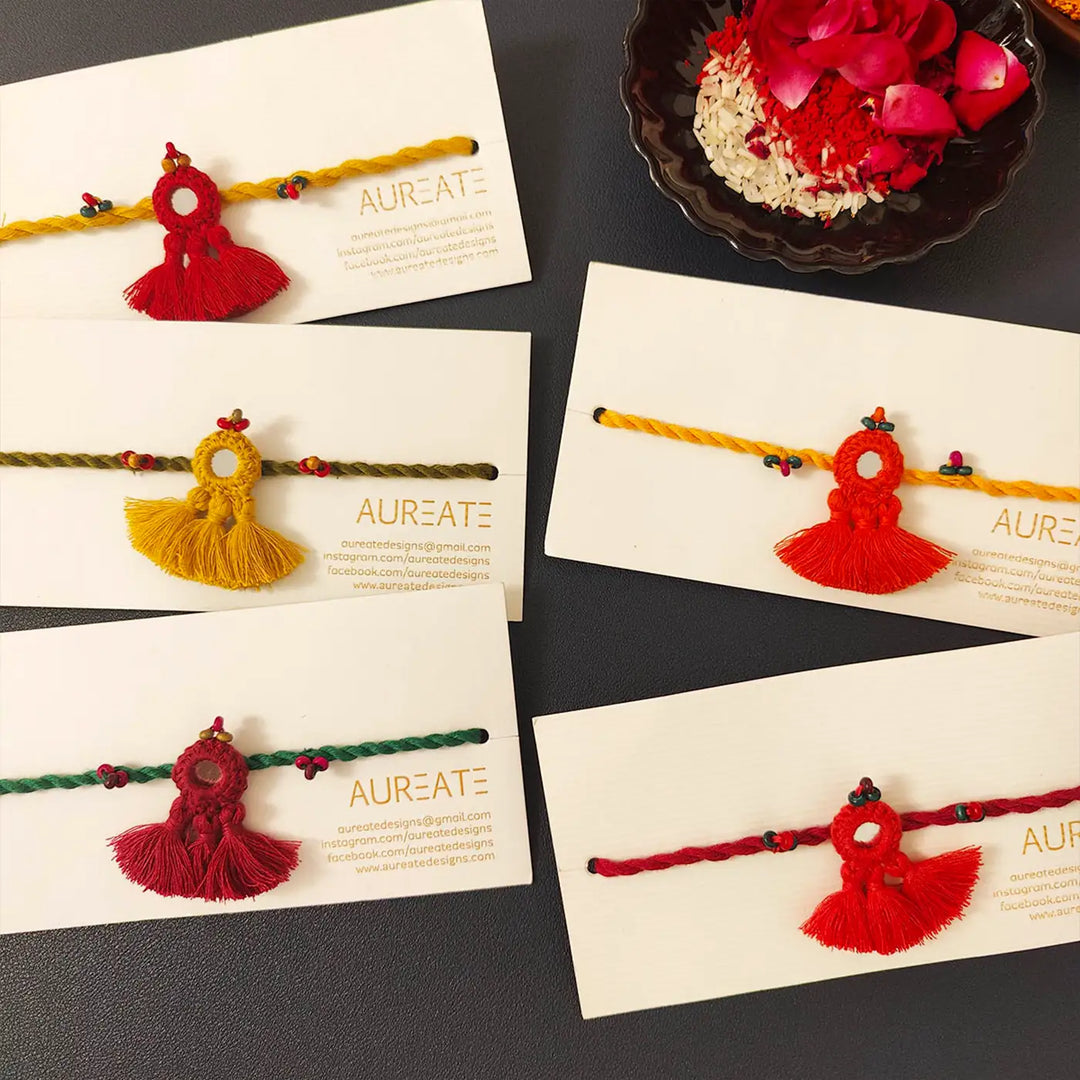 Handmade Mirror Work & Tassels Rakhi With Roli Chawal