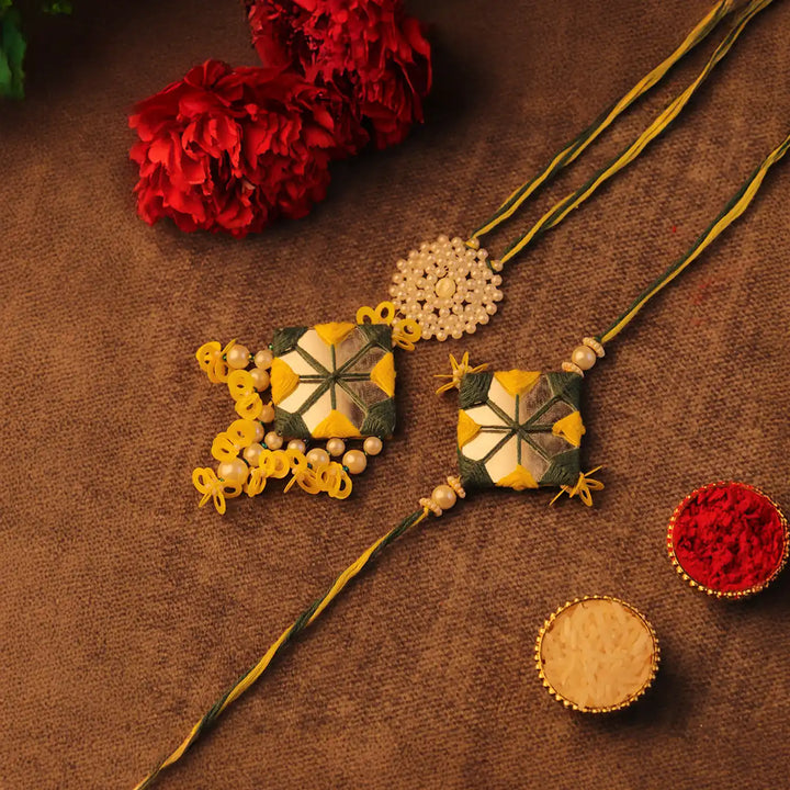 Handmade Basant Mirror Bhaiya Bhabhi Rakhi With Roli Chawal | Set Of 2