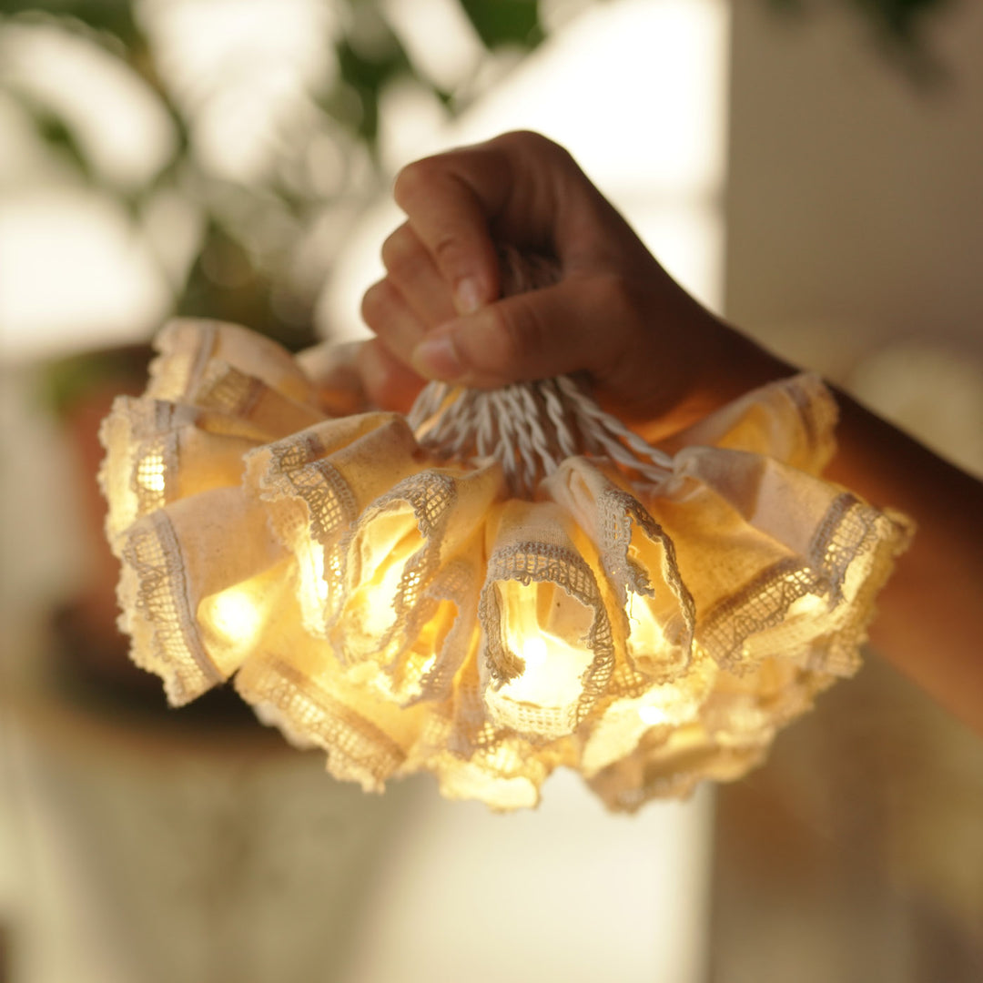 9.15m, 50 Bulbs | Handmade White Laced Fabric LED Fairy Light