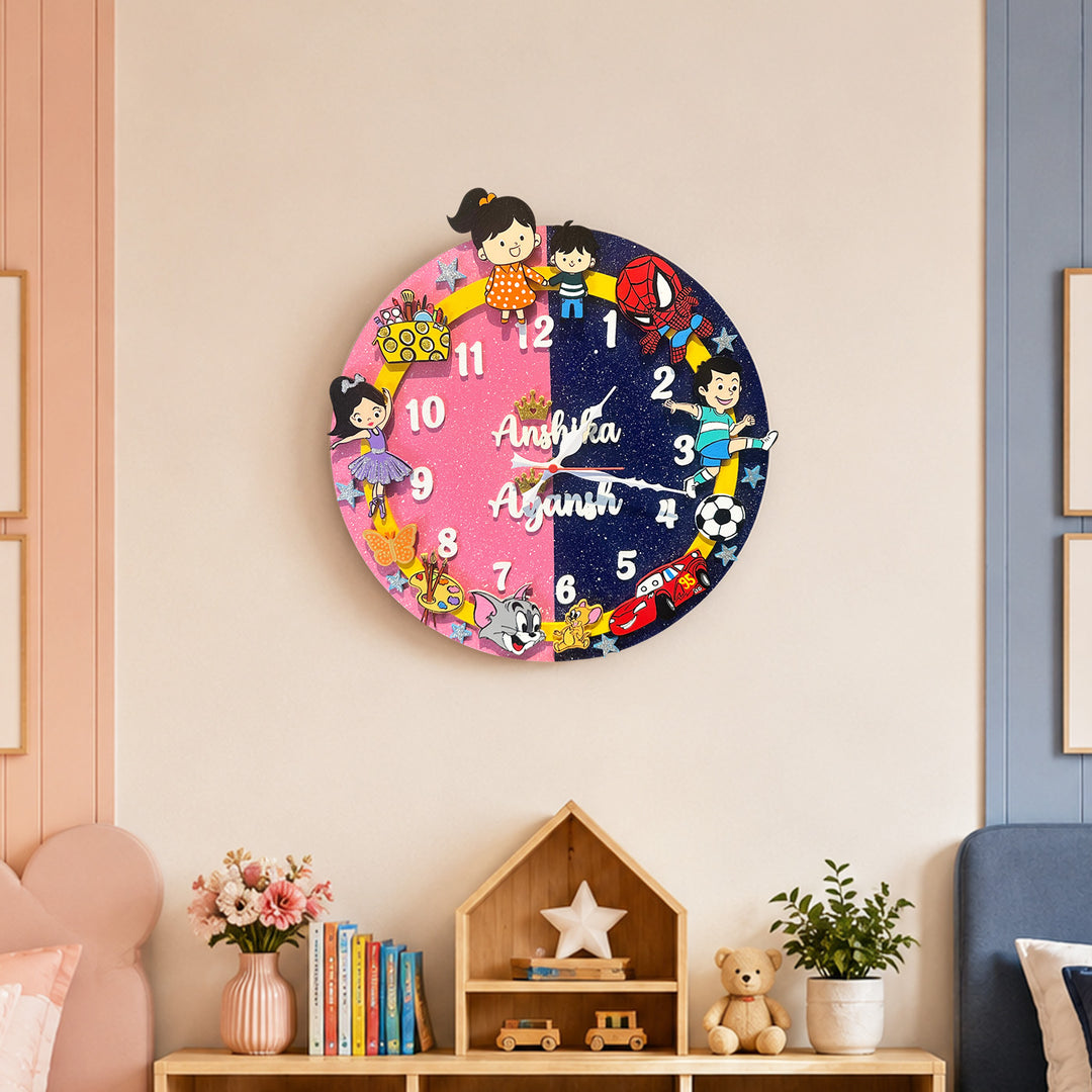 Personalised Kids Wall Clock For Siblings  | 14 inch