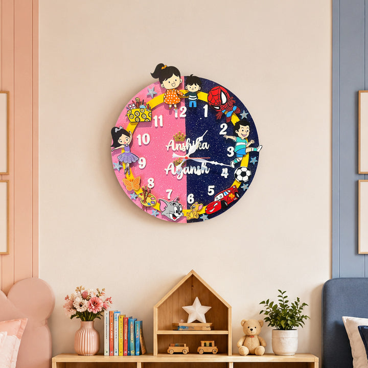 Personalised Kids Wall Clock For Siblings  | 14 inch