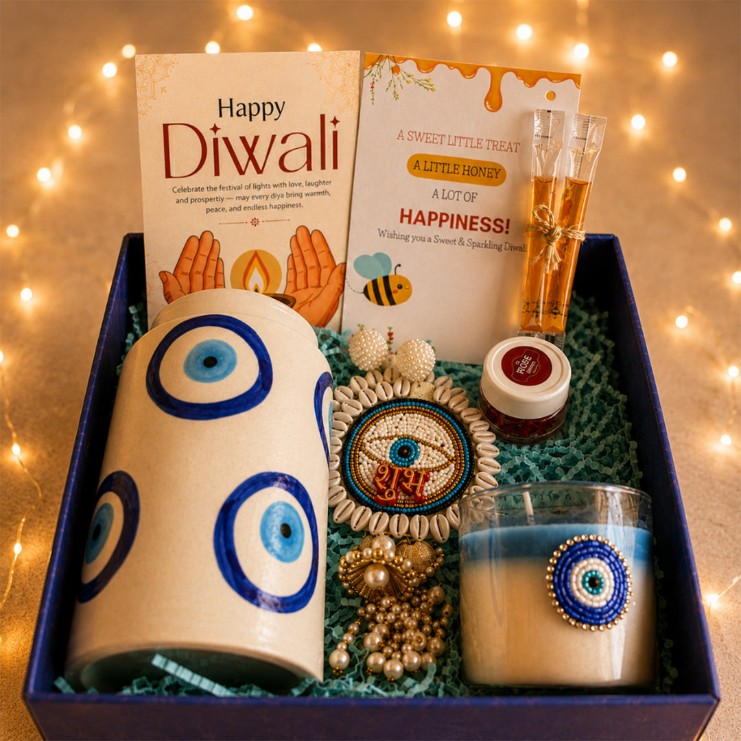 Azure Nazar Blue Evil Eye Diwali Gift Hamper With Soy Wax Scented Candle And Jar For Festive Gifting