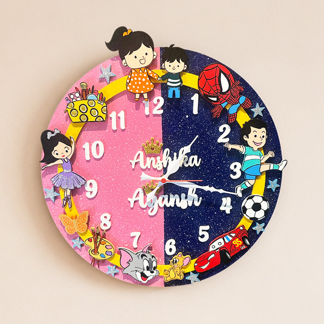 Personalised Kids Wall Clock For Siblings  | 14 inch