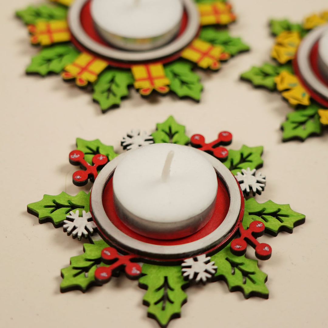 Hand-Painted Snowflake Wooden Tealight Holder For Christmas Decoration