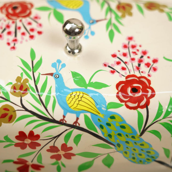 Hand-Painted Off White Peacock Kashmiri Art Stainless Steel Butter Dish