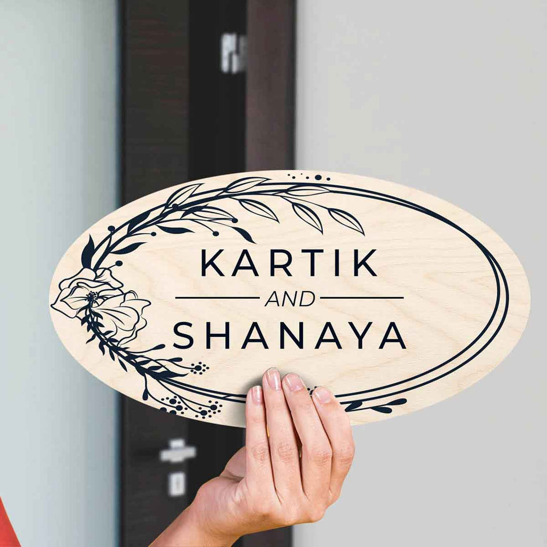 Printed Floral Wooden Oval Nameplate For Couples