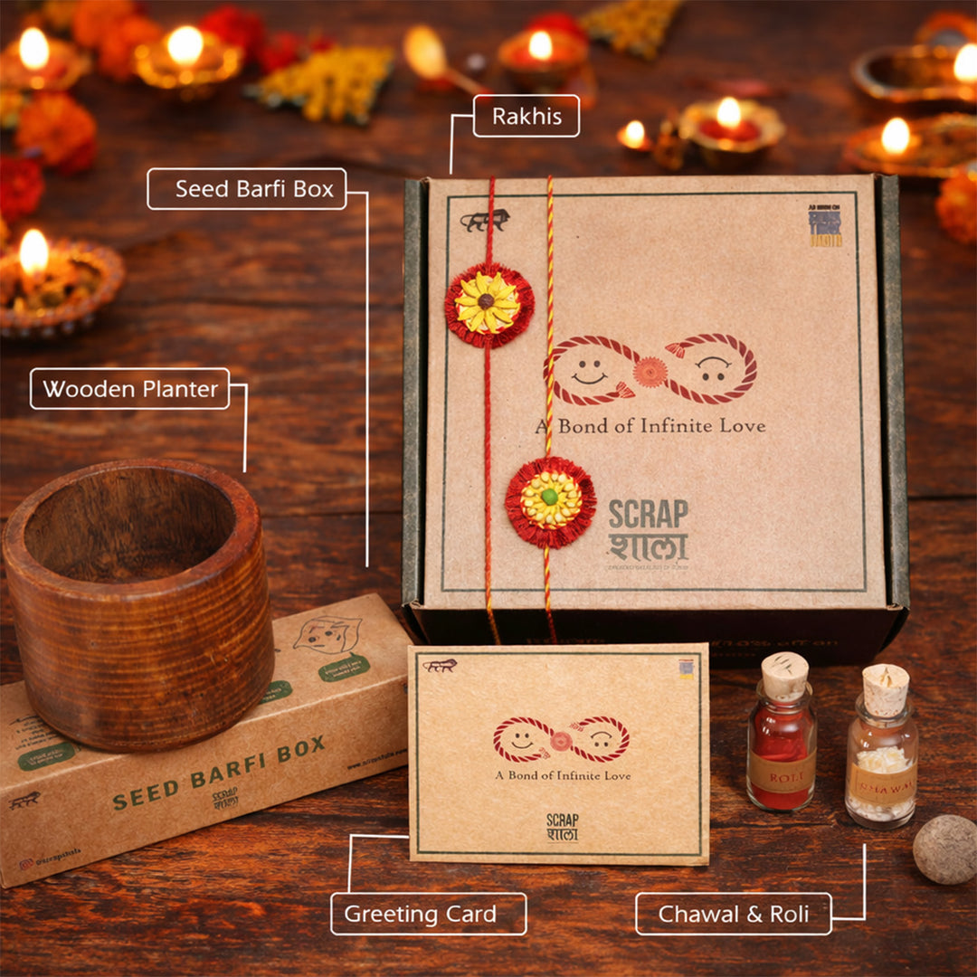 Plantable Akkad-Bakkad Seed Rakhi Set With Wooden Planter & Roli-Chawal For Brother | Set of 2