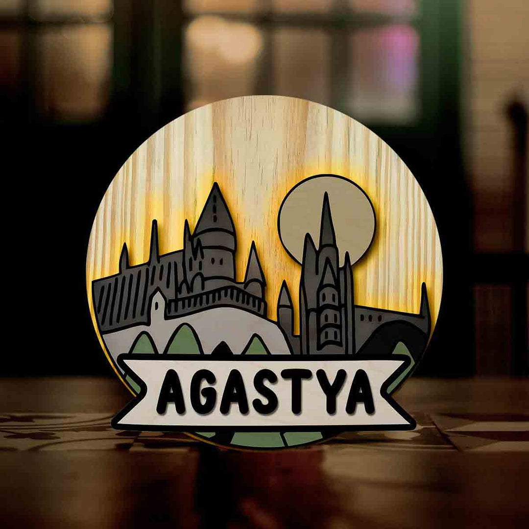 Kids Circular 3D Hogwarts Themed Nameplate With Lights - Front View with Name Personalization