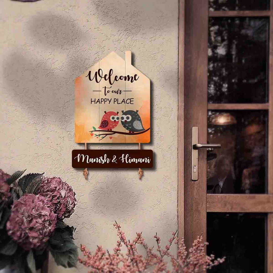 Printed Wooden House Shaped Owl Nameplate for Couples