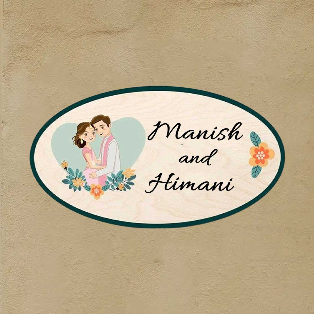 Printed Wooden Oval Character Nameplate For Family & Couples