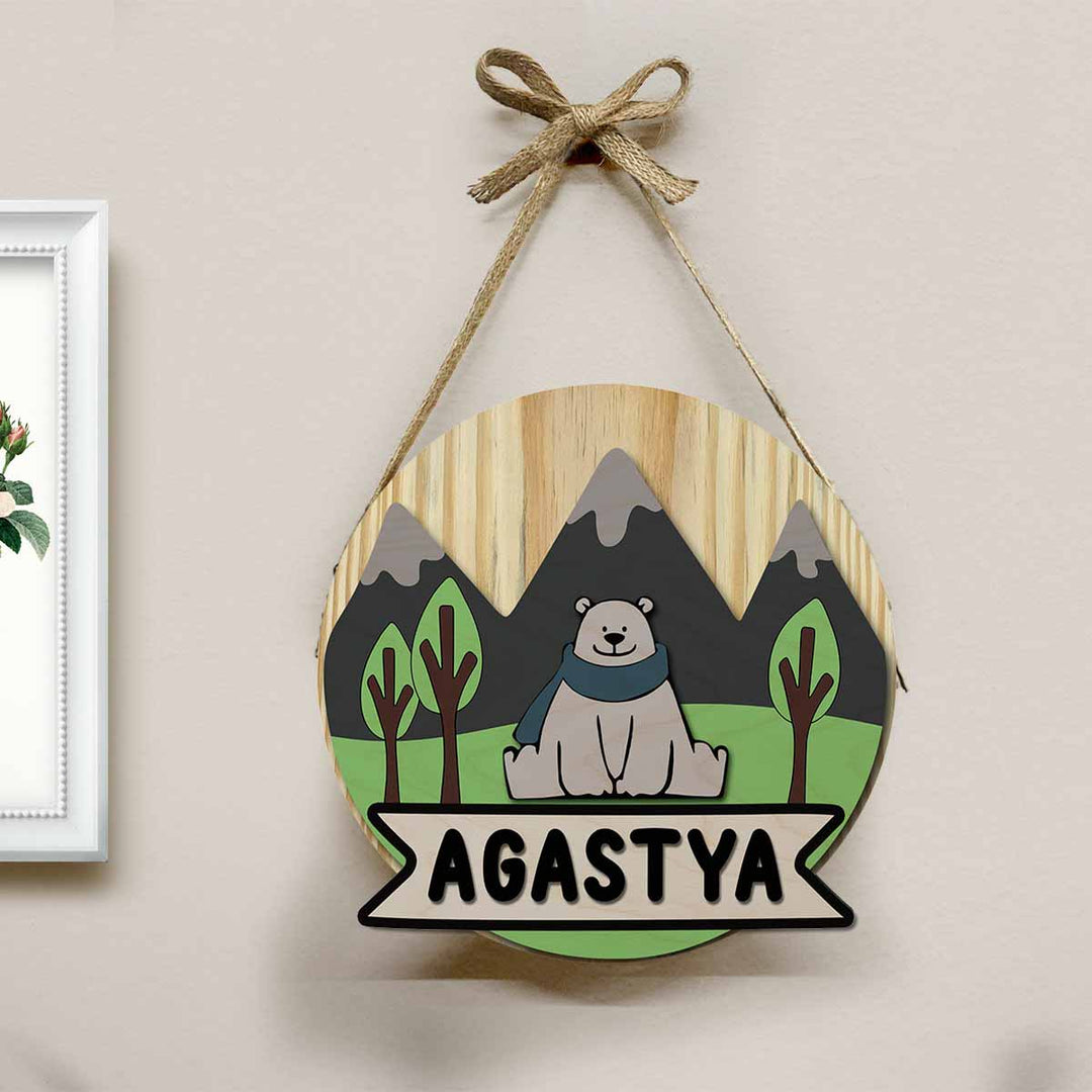 Kids Circular 3D Bear Themed Nameplate With Lights - Hanging Front View with Name Personalization