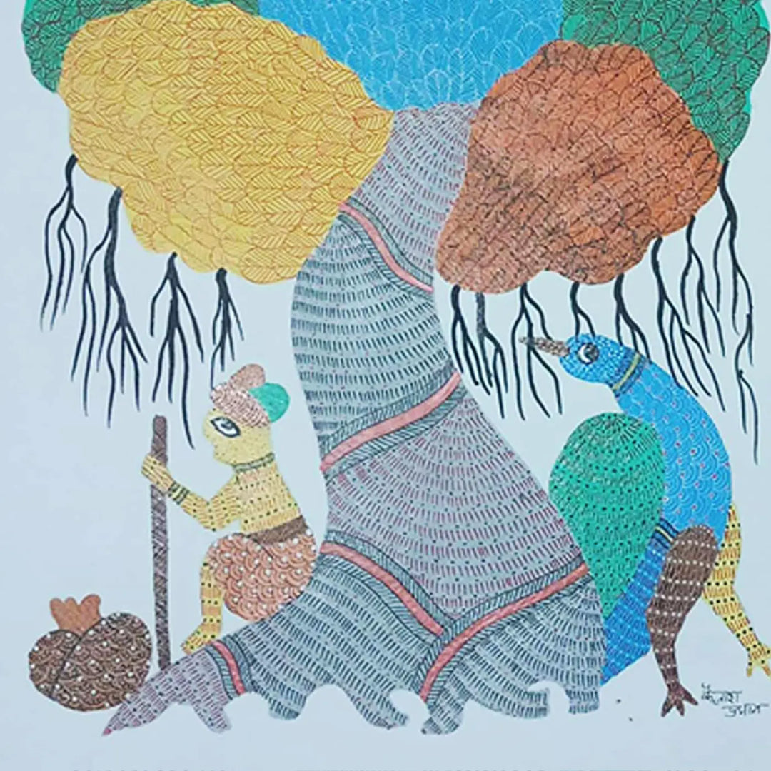 11 x 15 Inch | Peacock & The Living Shade | Original Hand Painted Tribal Gond Art Painting | Acrylic Paints On Paper
