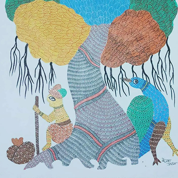 11 x 15 Inch | Peacock & The Living Shade | Original Hand Painted Tribal Gond Art Painting | Acrylic Paints On Paper