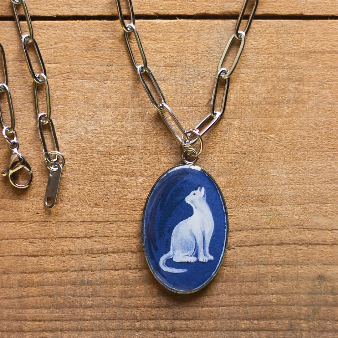 Illustrated Blue Cat Design Resin & Stainless Steel Necklace