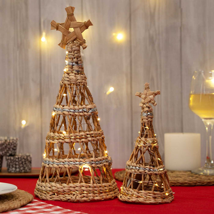 Handmade Banana Bark And Rope Star Top Pine Tree Christmas Ornaments With Lights