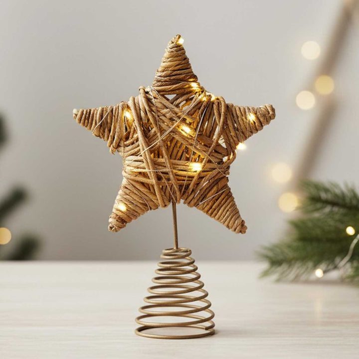 Handmade Banana Rope Star Christmas Tree Topper With Lights