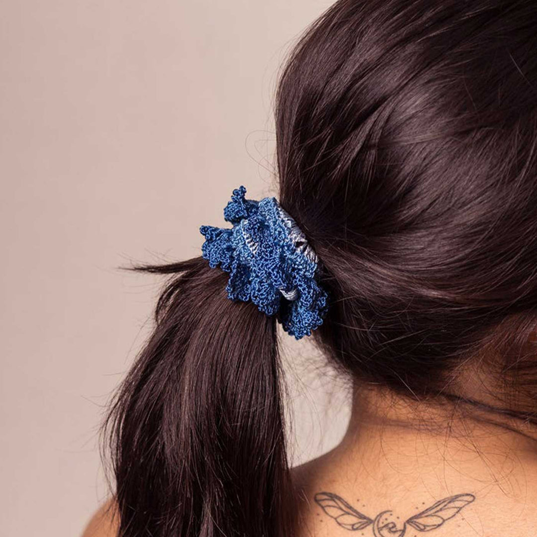 Handmade Crochet Guncha Green Blue Ombre Bloom Scrunchie | Set Of 2