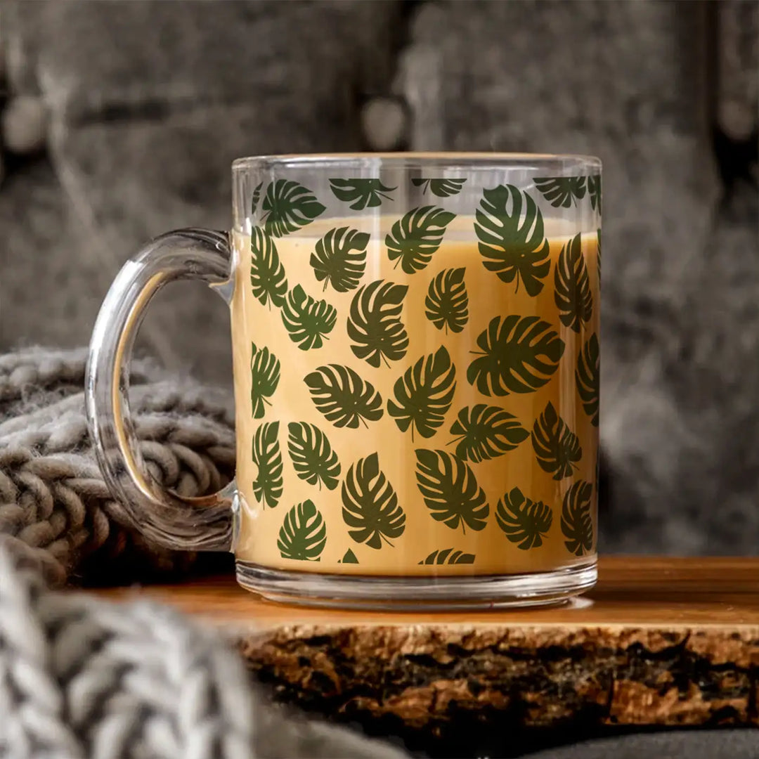 Printed Leaves Theme Glass Mug | 325 ML