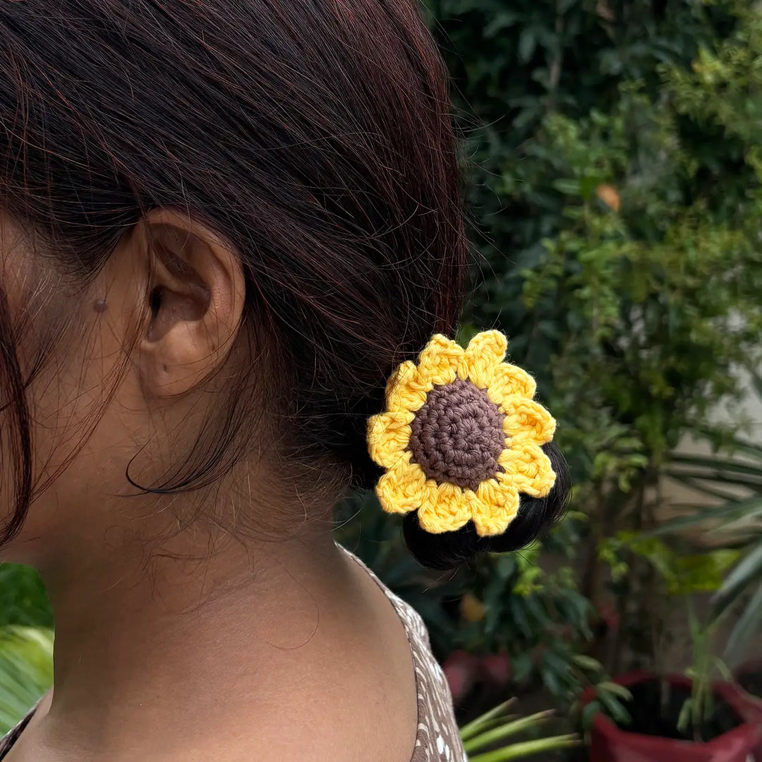 Handmade Crochet Sunflower Design Cotton Hair Tie