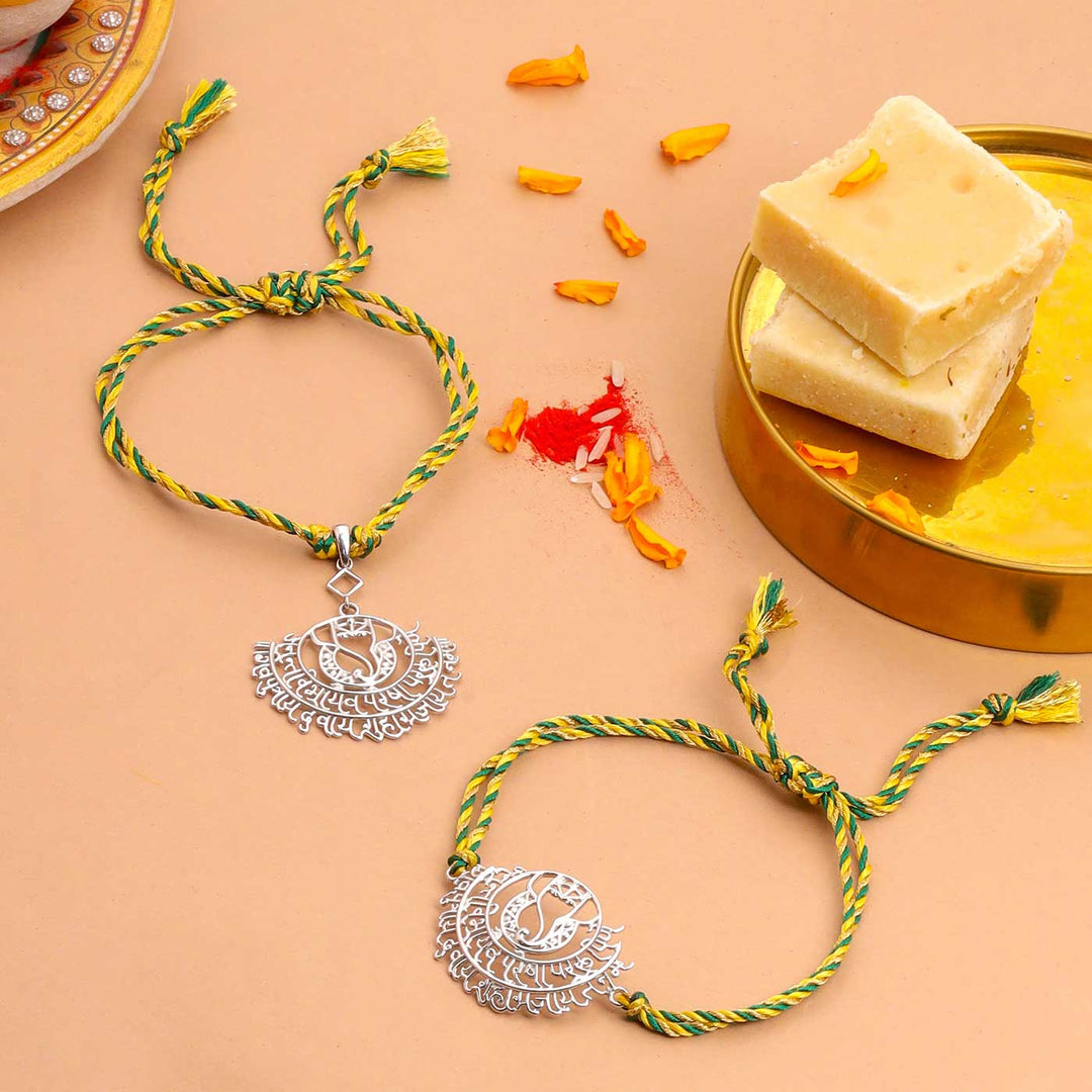 Handmade Ganesha Design Religious Silver Bhaiya Bhabhi Rakhi - Two Bracelets with Decorative Pendant