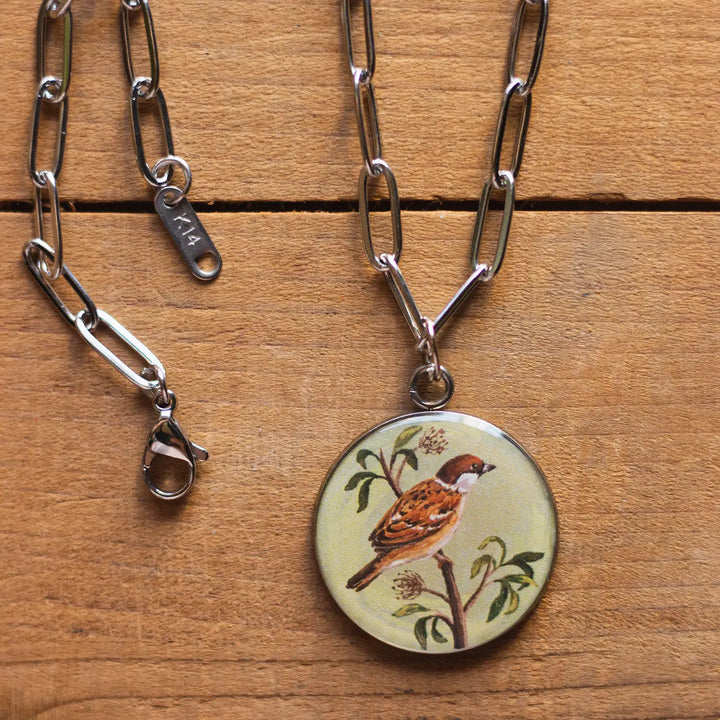 Illustrated Sparrow Theme Resin & Stainless Steel Necklace