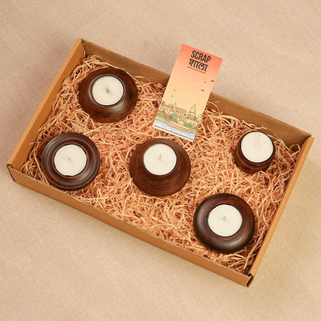 Handmade Panchdeep Wooden Hamper | Includes Candles, Seed Card And Outer Box
" | Set Of 5