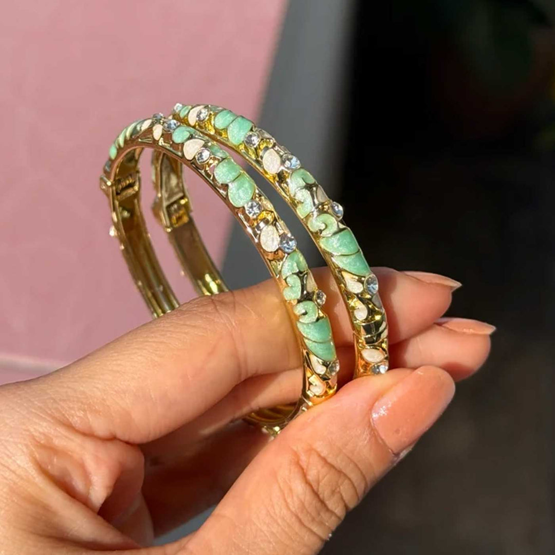 Handcrafted Petal Enamel Crystal Studded 18K Gold Plated Stainless Steel Openable Bangle- Mint & Ivory