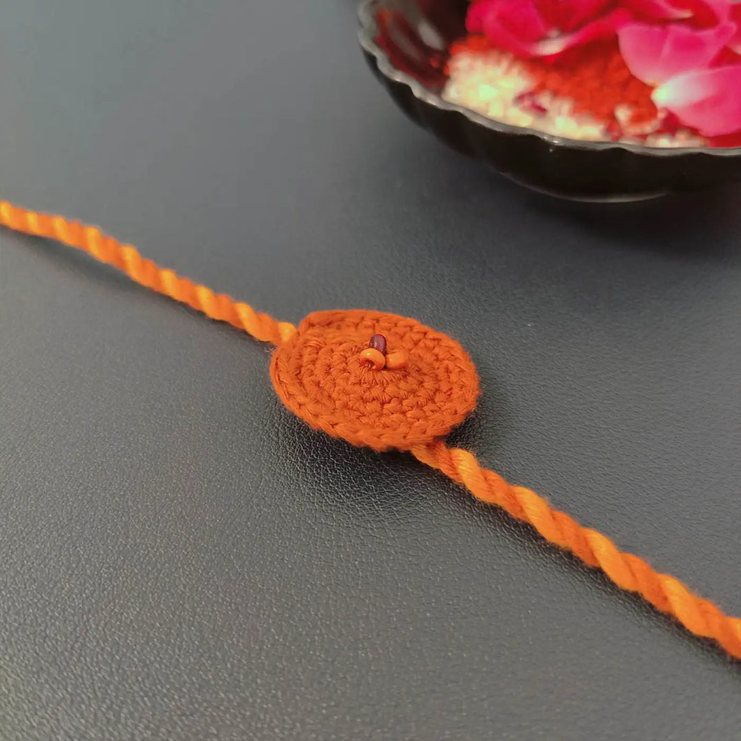Handmade Crochet Beaded Round Rakhi With Roli Chawal