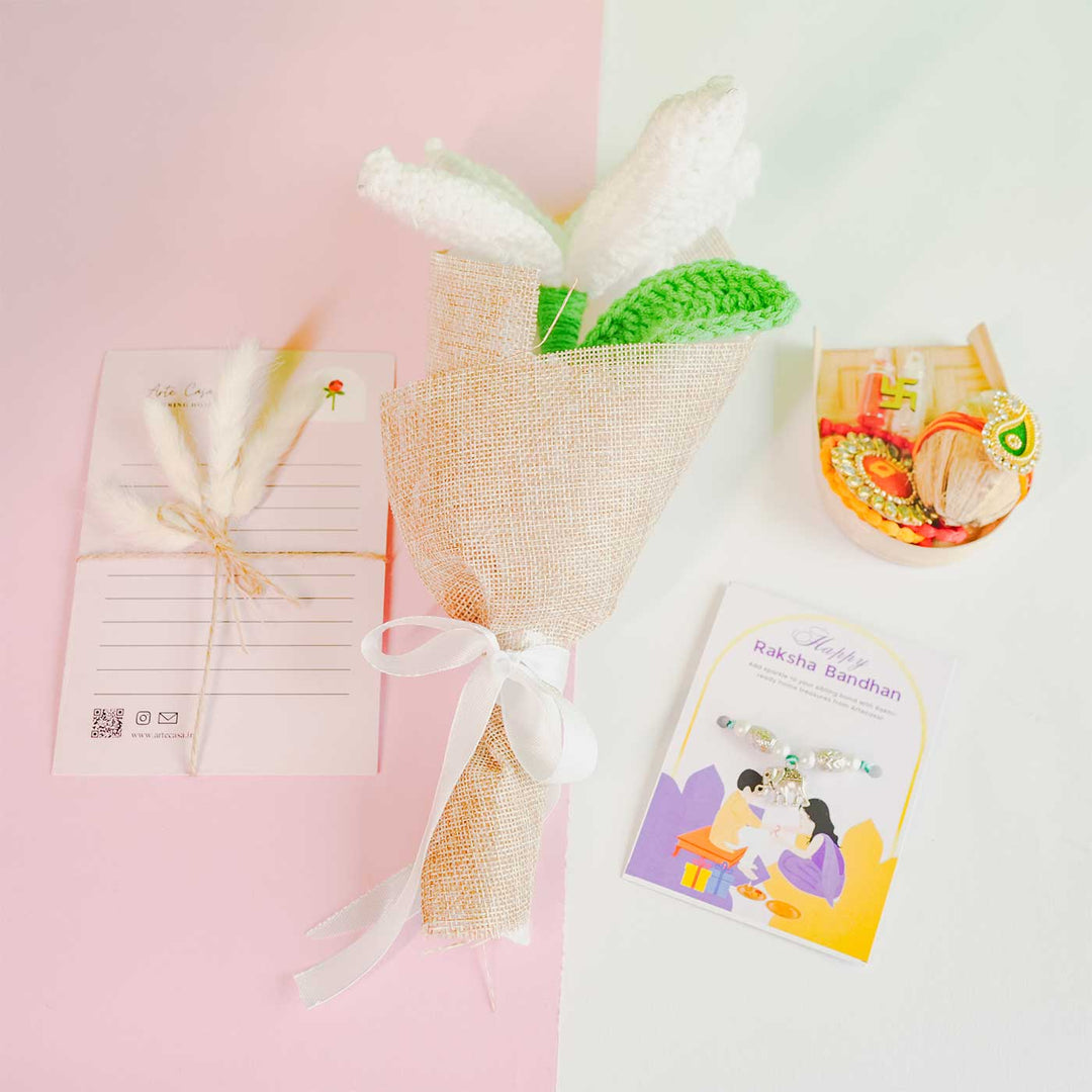 Personalized Handmade Crochet White Lily Rakhi Hamper Includes 1 Crochet Flower 1 Message Card And 1 Rakhi And Roli Chawal - Gift Set with Card and Flower