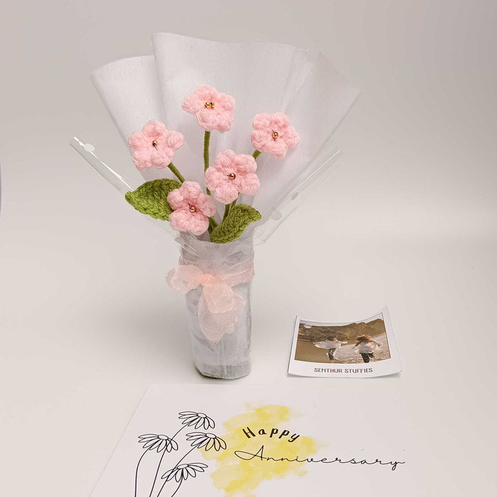Handmade Crochet Light Pink Blossom Mini Flower Bouquet | Includes Photo & Greeting Card