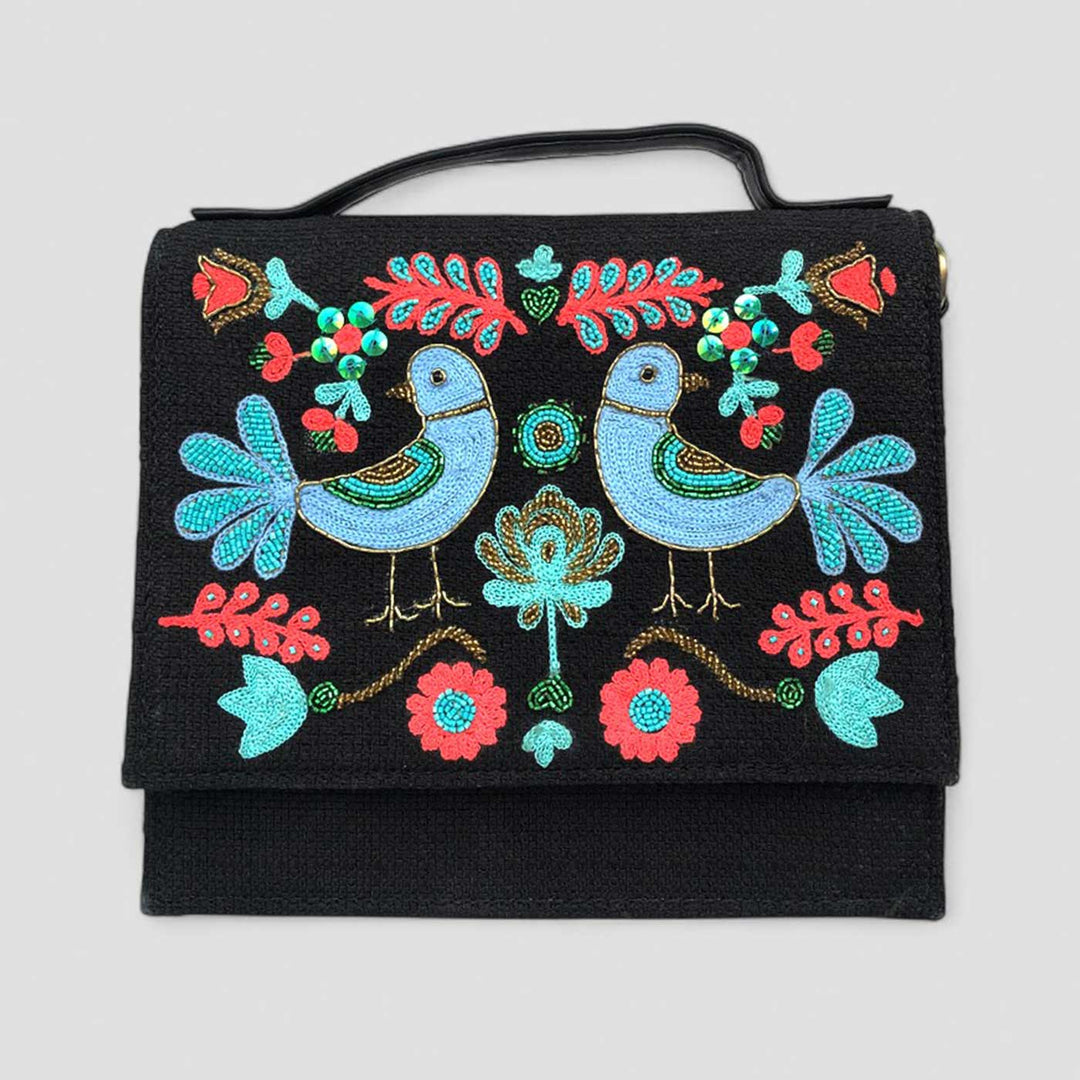 Handmade Embroidered Bird Design Black Matrix Sling Bag