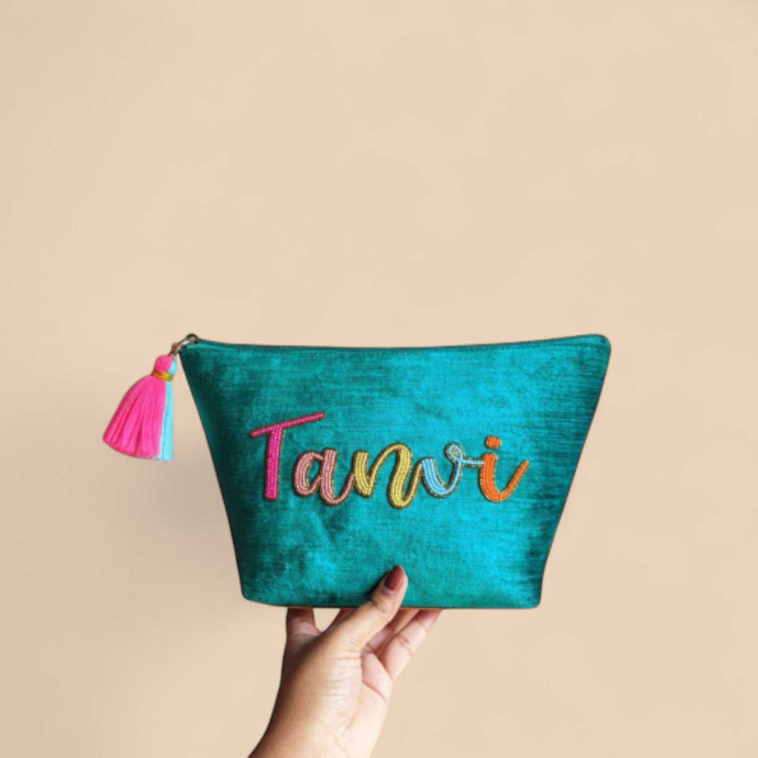 Personalized Handmade Embroidered Fab Teal Color Velvet Pouch