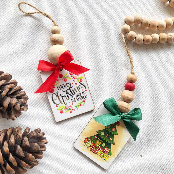 Printed Beaded Mdf Wood Ornaments For Christmas Tree Decoration | Set Of 2