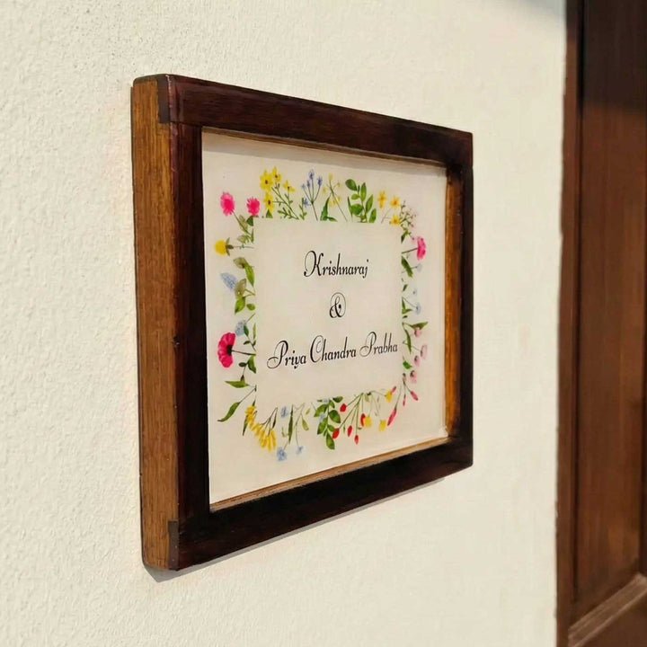 Personalized Floral Theme Minimalist Resin Name Plate With Teak Wood Frame