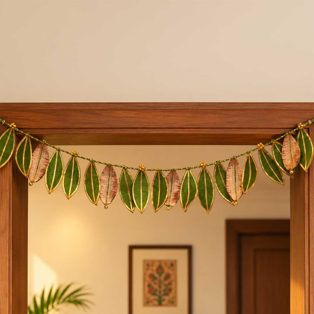 Handmade Mango Leaf Aam Patta Silk Toran With Ghungroo Bells, Lace & Shola Buds