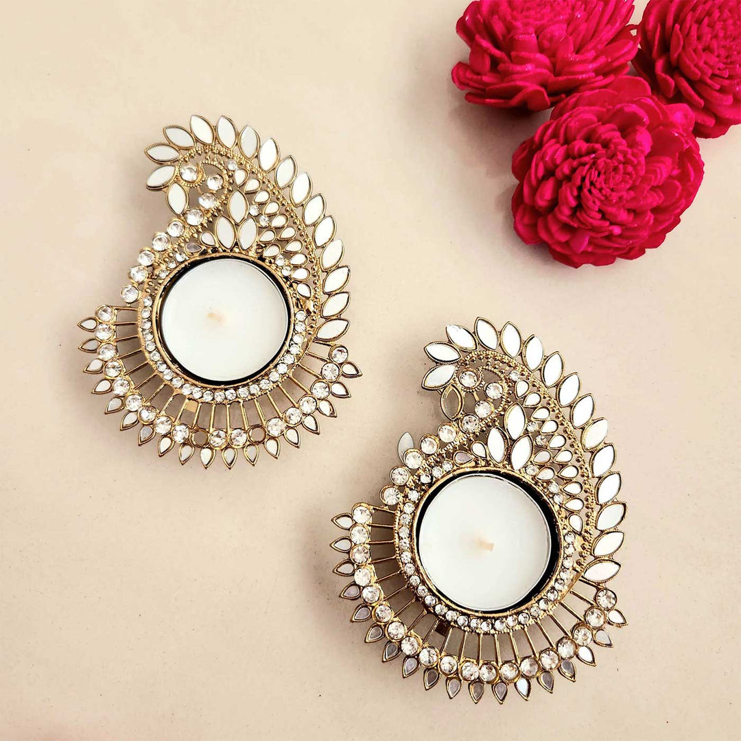 Handmade Mirror Work Paisley Shape Wooden Tealight Holder