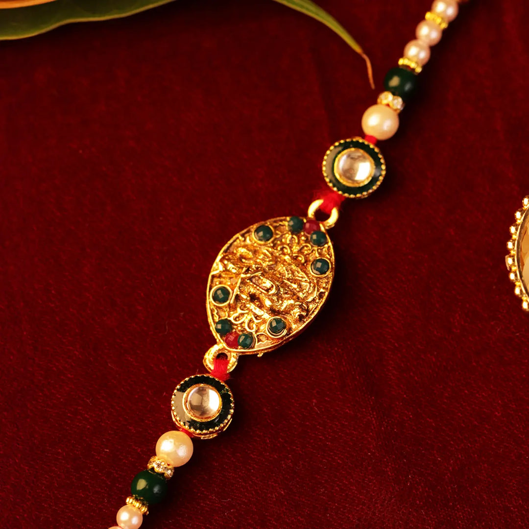 Handmade Golden Radha Krishna Rakhi With Roli Chawal