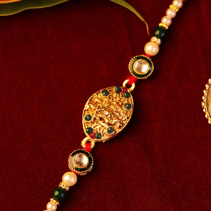 Handmade Golden Radha Krishna Rakhi With Roli Chawal