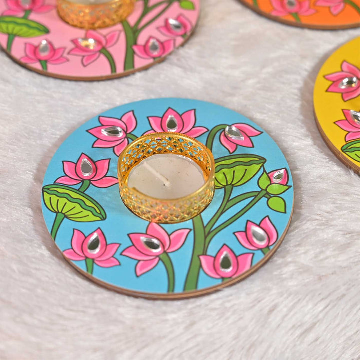 Set of 4 | Handcrafted Colourful Lotus Round Wooden Tealight Holders
