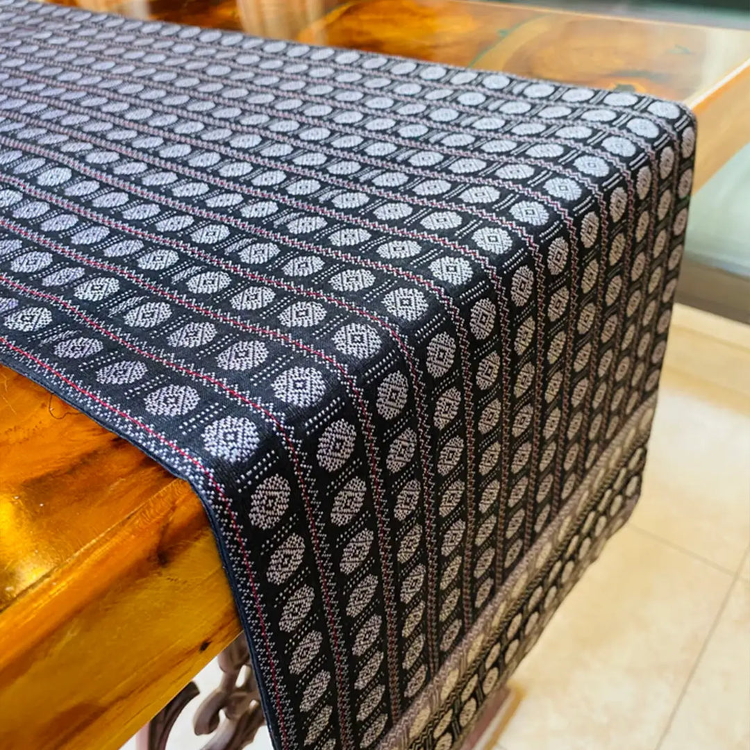 Handmade Black Circular Floral Patterns Khunn Fabric Cotton Table Runner | 12 x 60 Inch
