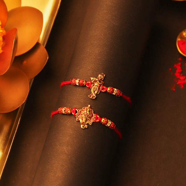 Handmade Golden Ganesh & Krishna Rakhi With Roli Chawal | Set Of 2