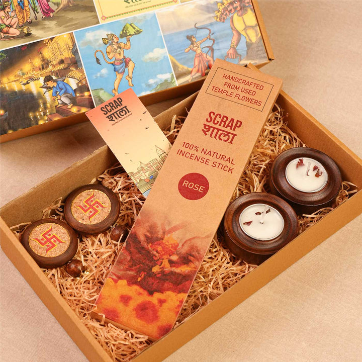 Handmade Shubh Mangal Gift Hamper | Includes Agarbatti Pack With Stand, Swastik Door Hanging, Wooden T-Light Holders, Seed Card And Outer Box