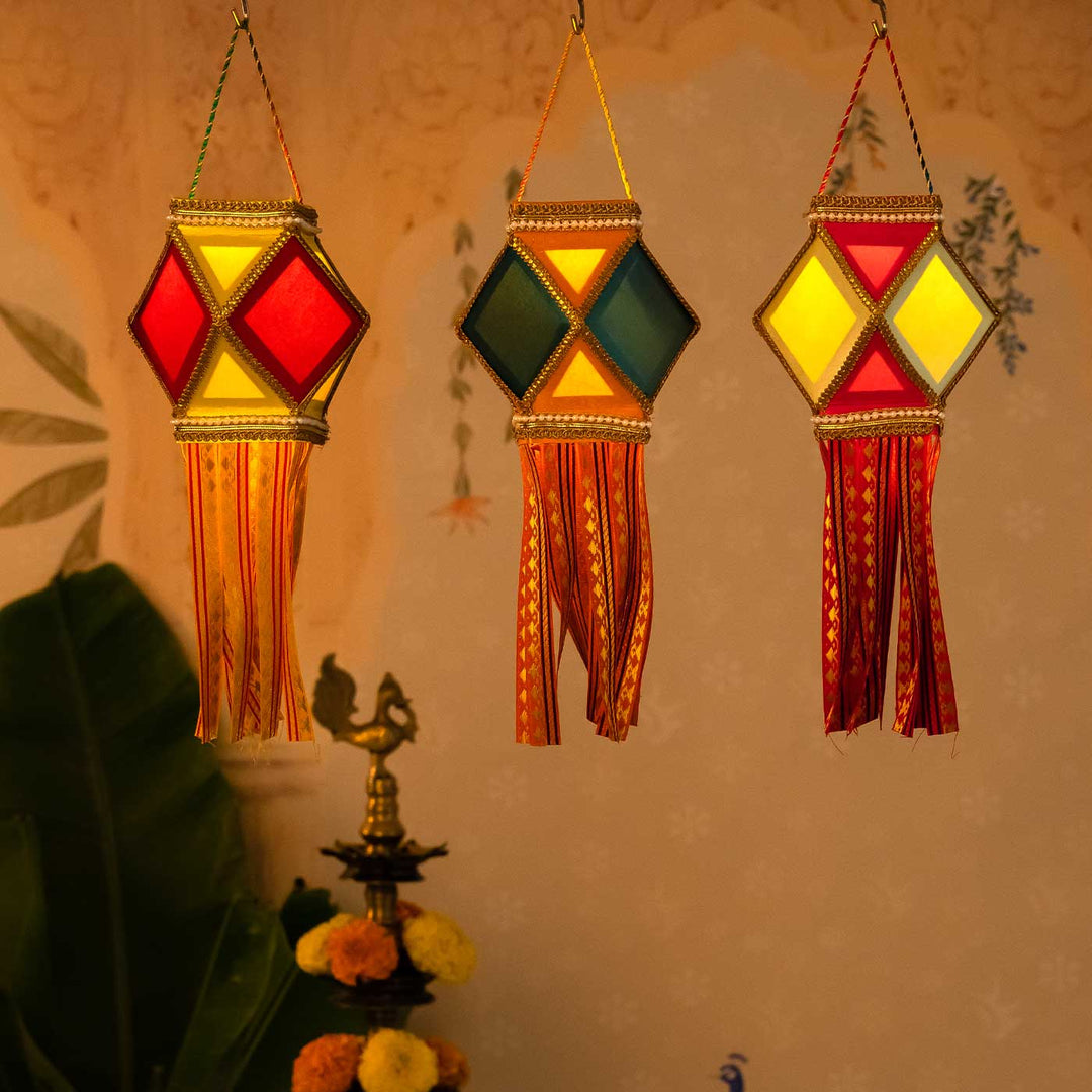 6 pc | Mini Handmade Decorative Akash Kandil/ Lantern Hangings Gift Set | Includes Electric Tealights