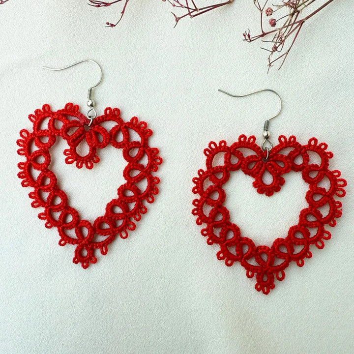 Handmade Tatting Red Heart Shaped Lace Cotton Earrings