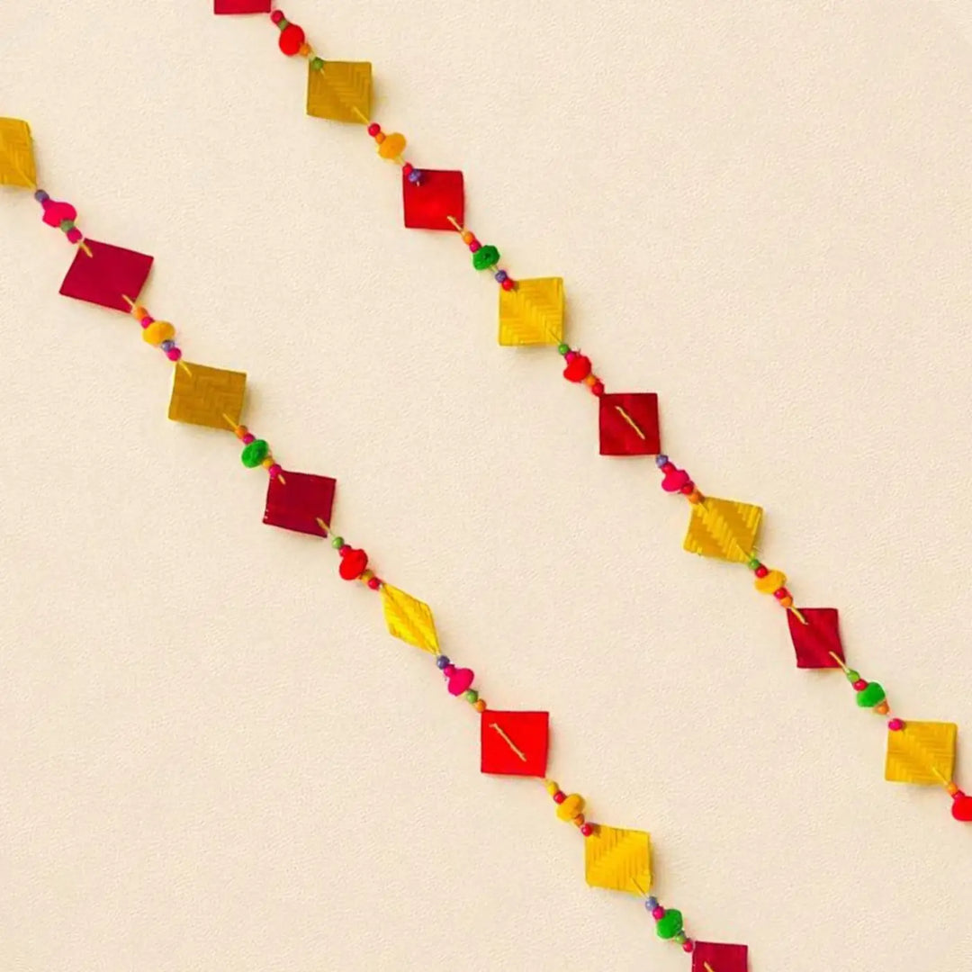 Handmade Multicolor Square Pom Pom & Bamboo Hanging
