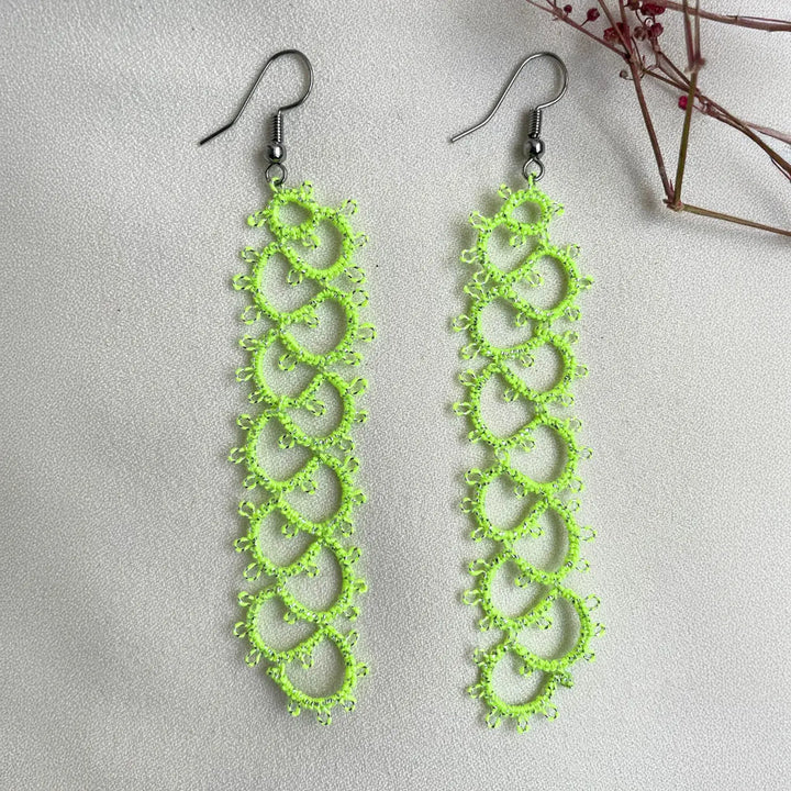 Handmade Tatting Green Ladder Pattern Cotton Metallic Earrings