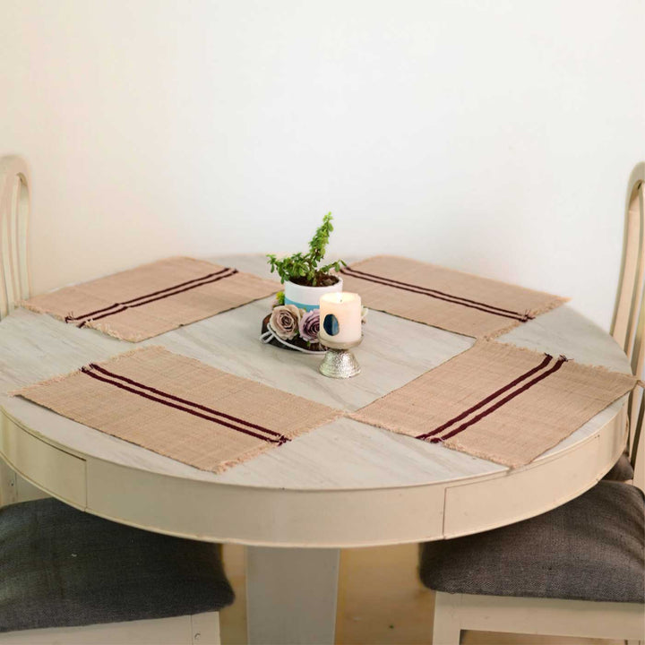 Hand Woven Double Maroon Stripped Madhurkati Table Mat | 15 x 11 inch