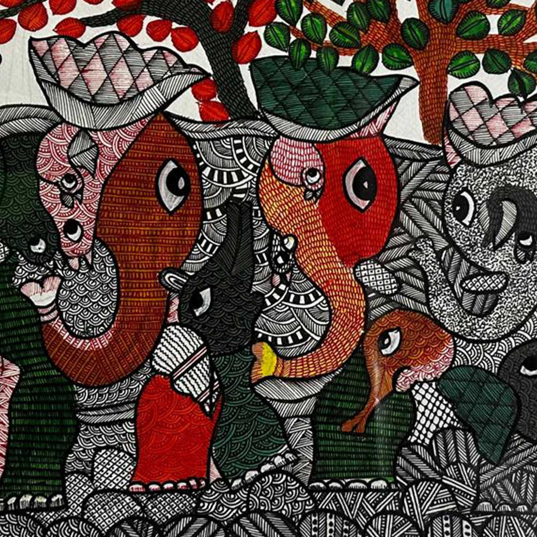 15 x 22 Inch | Animal's Harmony | Original Hand Painted Tribal Gond Art Painting | Acrylic Paints On Paper