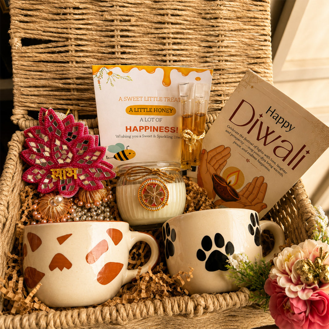 Paws & Panda Diwali Gift Hamper With Dog And Panda Mugs And Matka Soy Wax Candle For Festive Gifting