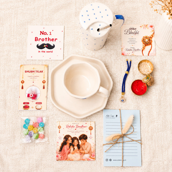 "Nazar Se Surakshit" Evil Eye Ceramic Rakhi Hamper With Mug, Sipper & Roli Chawal For Brother